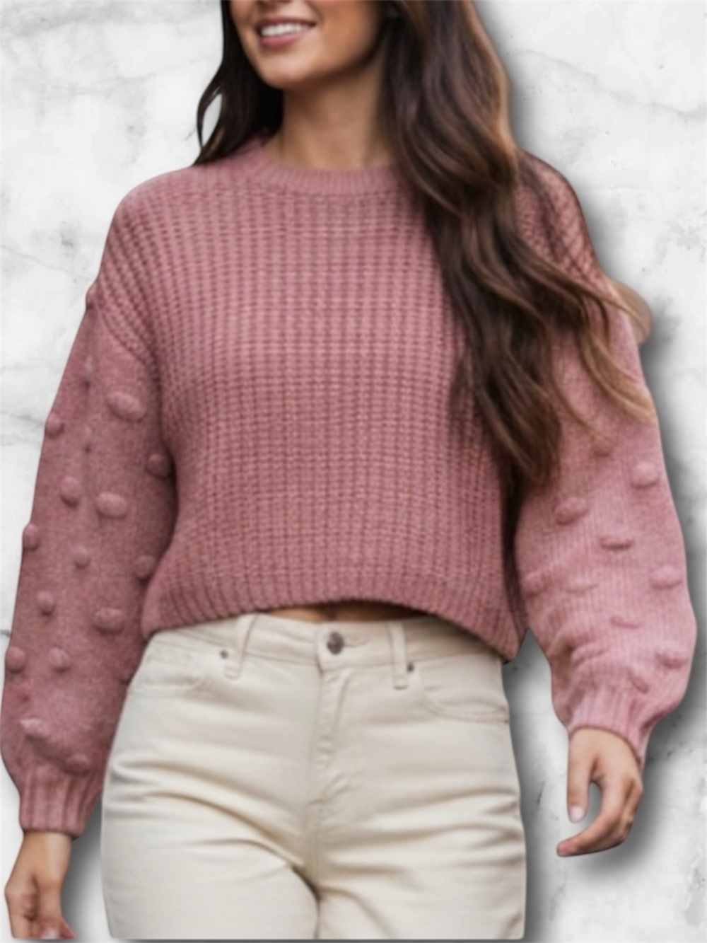 Moon & Madison Chunky Knit Cropped Sweater Popcorn Polka Dot Sleeves Size XS